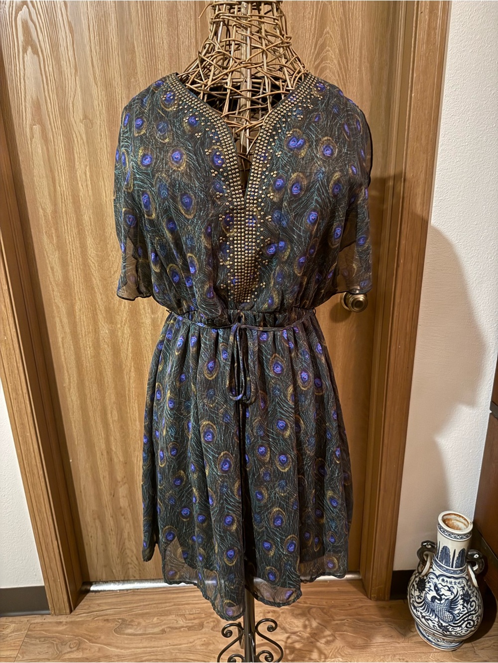 As U Wish Black Mini Dress with Blue Peacock Print and Studded V-Neck